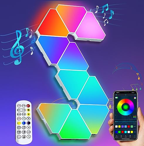 LED Dreiecke Wandleuchte, LED Panel Wand Echte RGBIC Gaming Beleuchtung mit Fernbedienung und 6 Anschlussports, LED Platten Deko Gaming App-Steuerung Musik-Sync für Gaming Setup Live Stream, 10 Panels von Amailtom