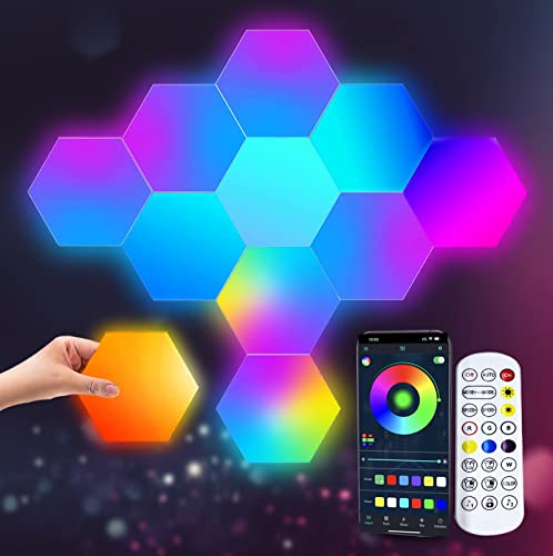 LED Wandleuchte RGB Gaming Beleuchtung, Sechseck Wandleuchte LED Wand Panel App und Fernbedienung, Gaming LED Deko Musik-Sync, DIY Geometrie LED Platten für Gaming Room Wohn-/Schlafzimmer,10 Panels von Amailtom