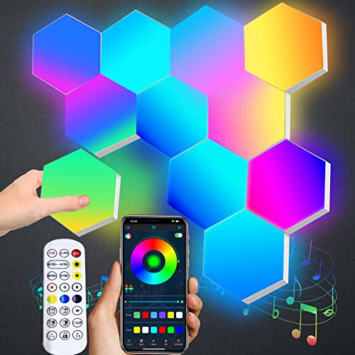 RGB LED Wandleuchte, Smarte Sechseck Wandleuchte LED Platten App und Fernbedienung, Gaming LED Wandbeleuchtung Musik-Sync, DIY Geometrie LED Panel Wand Gaming Setup Zubehör für Wohnzimmer, 7 Panels von Amailtom