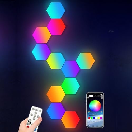 Hexagon LED Panel App-Steuerung, Sechseck LED Wandleuchten mit Fernsteuerung, LED Modulare Leuchten Sync mit Musik Licht Platten DIY Geometrie Quantum Nachtlicht für Zuhause Bar Dekor, 6 Stück von Amailtom