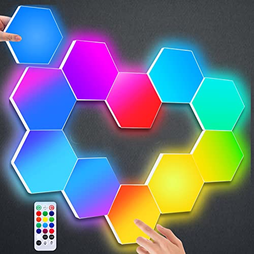 Sechseck LED Wandleuchte mit Fernbedienung, Hexagon LED Panel Gaming LED Platten Touch-Steuerung RGB Wandleuchte DIY Geometrie Spleißen Quantum LED Magic Panel für Gaming Party Wohnzimmer, 10 Stück von Amailtom