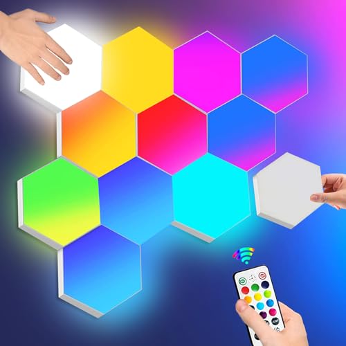 Hexagon LED Panel Wandleuchte mit Fernbedienung, RGB Sechseck Wandleuchte Interaktiv Touch-Steuerung Gaming LED Platten, DIY Hexagon LED Quantum Magic Panel für Gaming Wohnzimmer Geschenke, 6 Panel von Amailtom