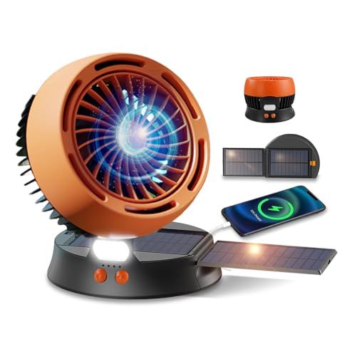 Solar Camping Ventilator mit Licht, Tragbarer Akku Ventilator Leise USB Wiederaufladbar, Solar Lüfter 4 Geschwindigkeiten Abnehmbares Panel Camping Gadgets für Büro Reisen Zelt Strand BBQ Ausfälle von Amailtom