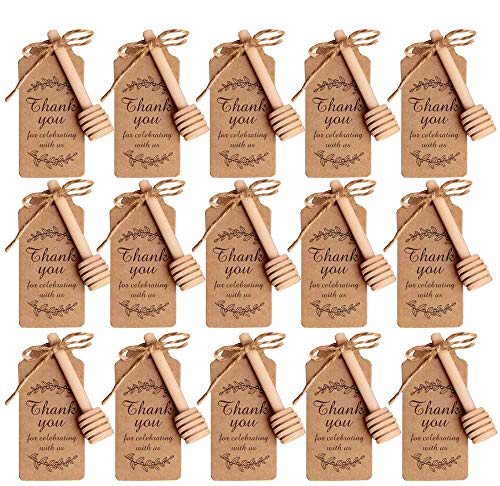 Amajoy 50 Stück Teelöffel kleine hölzerne Honigstäbchen mit Dankeskarte Mini-Honigstreuer 8 cm Holzlöffel für Honig für Honiggläser für Gefälligkeiten Erntedankfest Hochzeitstaufe von Amajoy