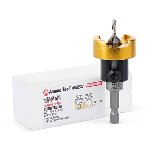 Amana Tool 55227 Kegelsenker-Set mit Hartmetallbestückt, 82 Grad, mit verstellbarem Bohrer-Tiefenanschlag und Kugellager, 3/8 Durchmesser x 1/8 Bohrdurchmesser x 1/4 Zoll Schnellspann-Sechskantschaft von Amana Tool