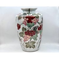 Vintage Chinoiserie Vase, Made in China, Porzellan, Handbemalte Trauben & Weinranken, Blau Weiße Tropfglasur, Große 12" Blumenvase, Wohndekor von AmandasOldCart