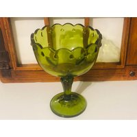 Vintage Grüner Glas Übertopf, Sukkulenten Home Deor, Außendekor, Fußschale, Gerippte Glaskunst von AmandasOldCart