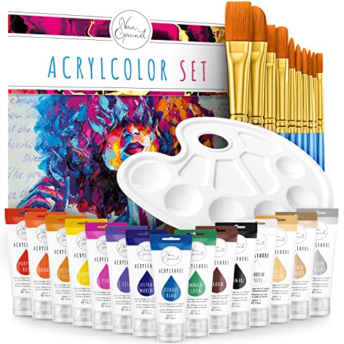 Amandi Van Gaunet Acrylfarben Set – 16 Acryl Farben mit 75ml Pigment & 10 Pinsel – Wasserfestes Acrylfarbenset für Papier, Stein, Holz, Keramik, Stoff, Leinwand & Glas – Schnell trocknend von Amandi