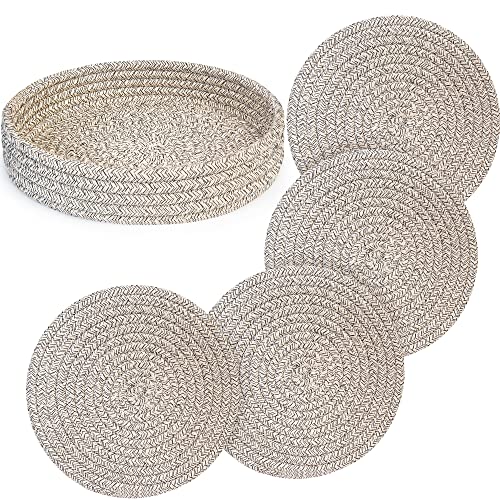 AmapleL 9 Zoll Topfuntersetzer für heiße Gerichte, Satz von 4 Untersetzern für heiße Töpfe und Pfannen Halter und 1 Packung Küche Lagerung Korb, Baumwolle Runde heiße Pads (Braun) von AmapleL