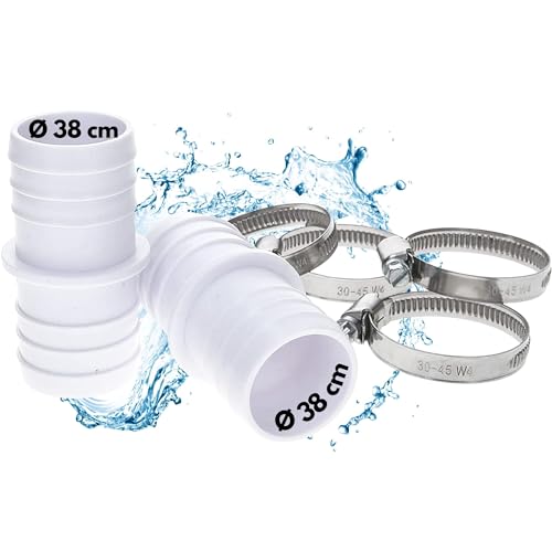 Amapool Schlauchtüllen Set I 2X 38/38mm Schlauchverbinder für Poolschlauch I 4X W4 Edelstahlschellen V2A ø 30-45mm I Pool Zubehör 6-teilig von Amapool