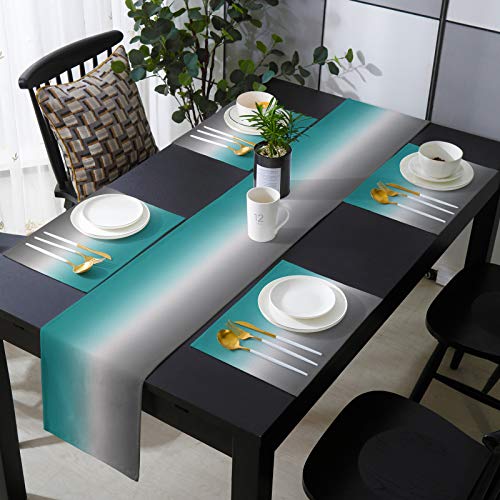 Amarainy Tischläufer mit Platzdeckchen 7er Set, hitzebeständig, waschbar, Baumwolle-Leinen-Esszimmermatten-Sets Grau und Türkis Ombre Home Decor Platzset für Esstisch/Küche/Wohnzimmer/Büro/Picknick von Amarainy