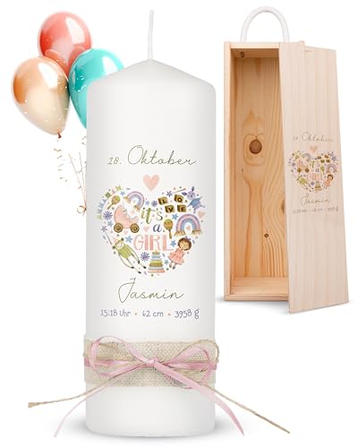 AMARI ® Geburtskerze It's a Girl (002.05.05) H:20cm personalisiert - Individuelle Kerze mit Namen, Gewicht und Geburtsdatum - Einzigartige Babykerze, Geschenk Geburt von Amari