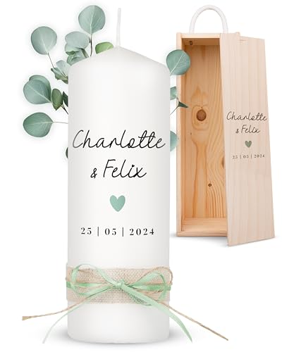 AMARI ® Hochzeitskerze personalisiert Herz 20/7 cm - Traukerze Hochzeit - Hochzeitskerze Standesamt - Hochzeitskerze mit Namen und Datum - Traukerze Hochzeit personalisiert von Amari