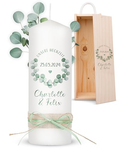 AMARI ® Hochzeitskerze personalisiert Eukalyptus 20/7 cm - Traukerze Hochzeit - Hochzeitskerze Standesamt - Hochzeitskerze mit Namen und Datum - Traukerze Hochzeit personalisiert von Amari