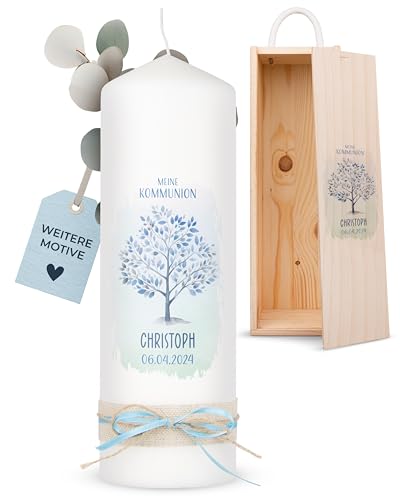 AMARI ® Kommunionkerze personalisiert Baum des Lebens (002.08.01) H:25cm/⌀:8cm - Kerze Kommunion - Kommunionkerze Junge/Mädchen - Kommunionkerze selbst gestalten - Kommunionkerze personalisiert von Amari