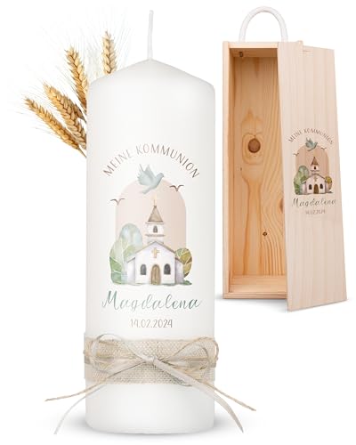 AMARI ® Kommunionkerze personalisiert Friedenskapelle (002.08.03) H:20cm/⌀:7cm - Kerze Kommunion - Kommunionkerze Junge/Mädchen - Kommunionkerze selbst gestalten - Kommunionkerze personalisiert von Amari