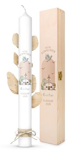 AMARI ® Kommunionkerze personalisiert Friedenskapelle (002.08.03) H:40cm/⌀:4cm - Kerze Kommunion - Kommunionkerze Junge/Mädchen - Kommunionkerze selbst gestalten - Kommunionkerze personalisiert von Amari