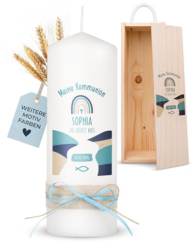 AMARI ® Kommunionkerze personalisiert Glaubensweg (002.08.08) H:20cm/⌀:7cm - Kerze Kommunion - Kommunionkerze Junge/Mädchen - Kommunionkerze selbst gestalten - Kommunionkerze personalisiert von Amari