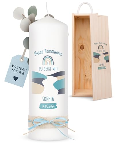 AMARI ® Kommunionkerze personalisiert Glaubensweg (002.08.08) H:25cm/⌀:8cm - Kerze Kommunion - Kommunionkerze Junge/Mädchen - Kommunionkerze selbst gestalten - Kommunionkerze personalisiert von Amari