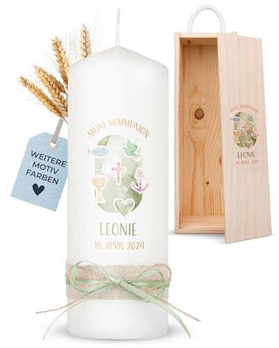 AMARI ® Kommunionkerze personalisiert Hoffnung (002.08.05) H:20cm/⌀:7cm - Kerze Kommunion - Kommunionkerze Junge/Mädchen - Kommunionkerze selbst gestalten - Kommunionkerze personalisiert von Amari