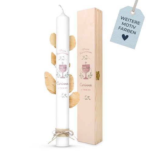 AMARI ® Kommunionkerze personalisiert Kelch 2025 (002.08.11) H:40cm - Leitwort Kommunion 2025 "Kommt her und esst" - Kerze Kommunion - Kommunionkerze Junge/Mädchen - Kommunionkerze personalisiert von Amari