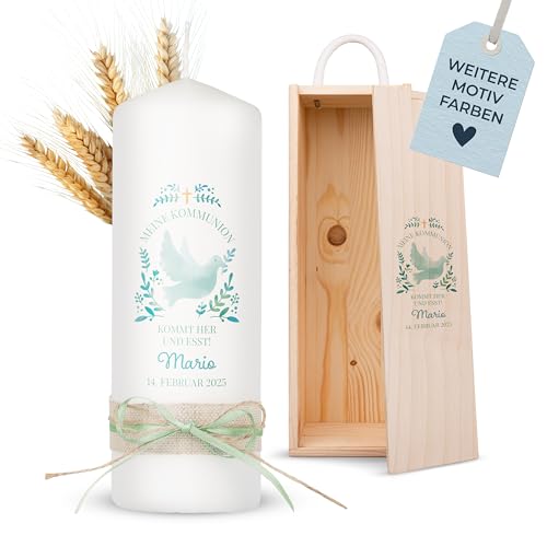 AMARI ® Kommunionkerze personalisiert Taube (002.08.12) H:20cm - Leitwort Kommunion 2025 "Kommt her und esst" - Kerze Kommunion - Kommunionkerze Junge/Mädchen - Kommunionkerze personalisiert von Amari