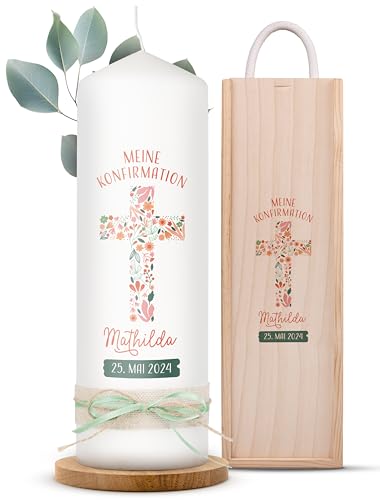 AMARI ® Konfirmationskerze personalisiert Floraler Segen (002.09.05) 20/7 cm- Kerze Konfirmation - Konfirmationskerze mit Namen und Datum - Konfirmation Kerze personalisiert Mädchen Junge von Amari