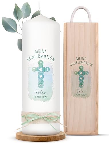 AMARI ® Konfirmationskerze personalisiert Kreuz Symbol (002.09.01) 20/7 cm- Kerze Konfirmation - Konfirmationskerze mit Namen und Datum - Konfirmation Kerze personalisiert Mädchen Junge von Amari
