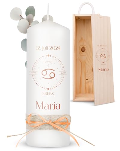 AMARI ® Sternzeichenkerze Krebs personalisiert 20/7 cm - (002.05.02) Individuelle Kerze mit Namen und Datum - Sternzeichen, Geburtskerze, Geschenk von Amari