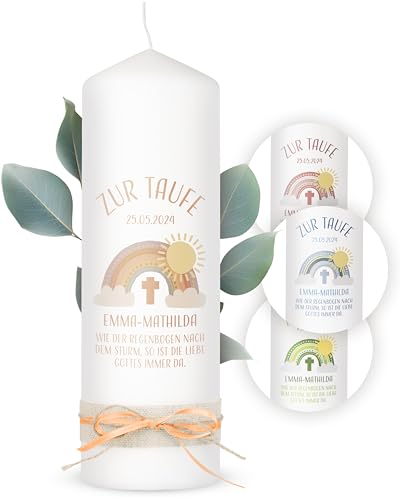AMARI ® Taufkerze personalisiert Boho Regenbogen (002.10.03) H:25cm/⌀:8cm - Taufkerze Mädchen/Junge - Kerze selber gestalten Taufe - Taufkerze selber machen - Taufkerze mit Namen von Amari