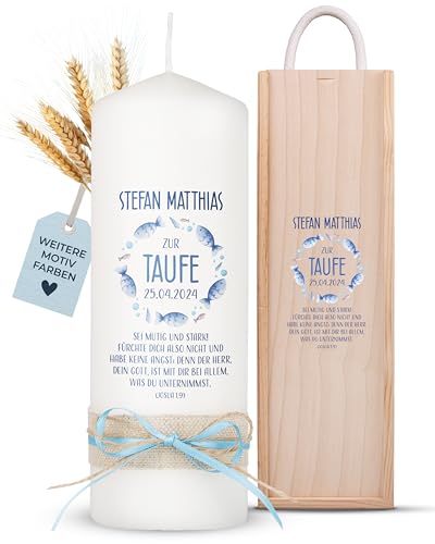 AMARI ® Taufkerze personalisiert Fischschwarm (002.10.01) H:20cm/⌀:7cm - Taufkerze Mädchen/Junge - Kerze selber gestalten Taufe - Taufkerze selber machen - Taufkerze mit Namen von Amari