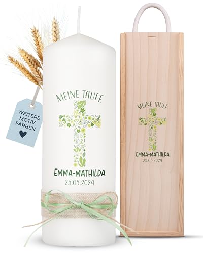 AMARI ® Taufkerze personalisiert Florales Kreuz (002.10.05) H:20cm/⌀:7cm - Taufkerze Mädchen/Junge - Kerze selber gestalten Taufe - Taufkerze selber machen - Taufkerze mit Namen von Amari