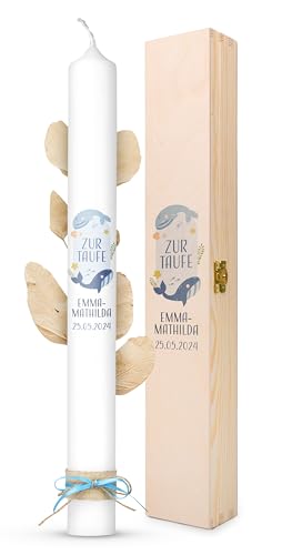 AMARI ® Taufkerze personalisiert Wunderwelt Wal (002.10.04) H:40cm/⌀:4cm - Taufkerze Mädchen/Junge - Kerze selber gestalten Taufe - Taufkerze selber machen - Taufkerze mit Namen von Amari