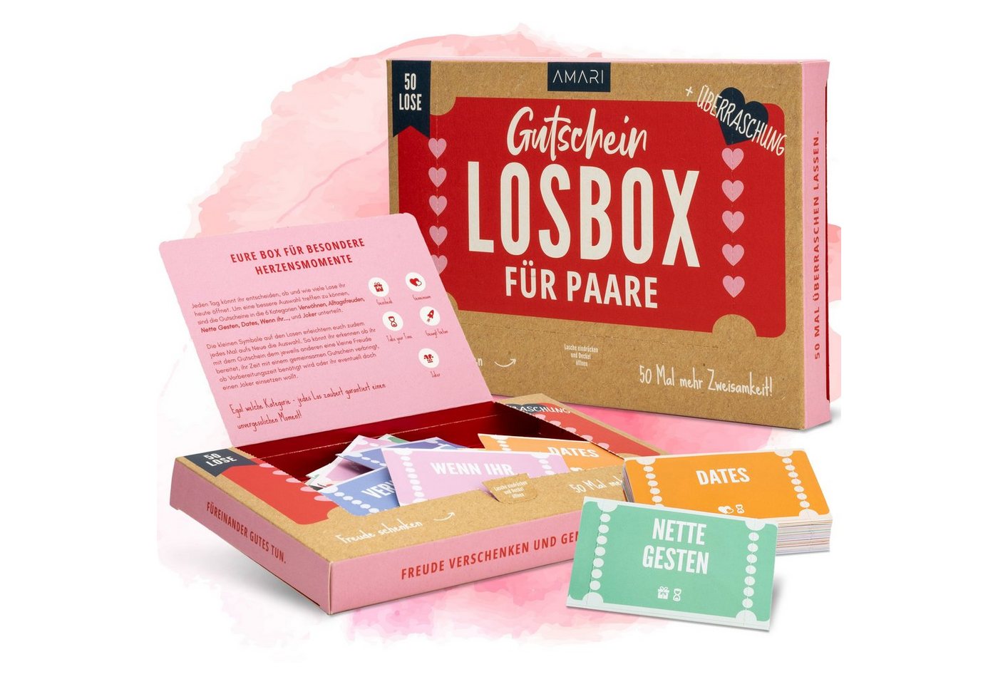 Amari Geschenkbox AMARI ® Gutscheinbox für Paare - 50 Gutschein Lose Verwöhnmomente von Amari