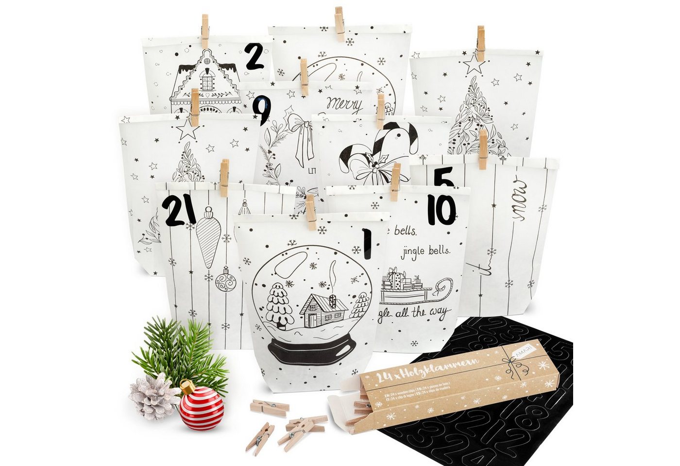 Amari befüllbarer Adventskalender AMARI® Adventskalender Tüten zum Befüllen mit Holzklammern von Amari