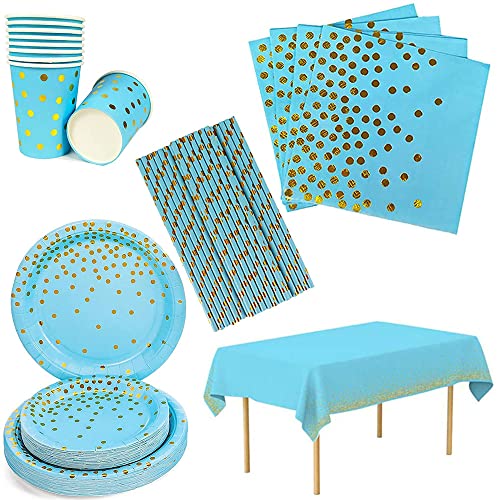 51 Stück Partygeschirr, Partygeschirr Set, Dot Partygeschirr, Blau Gold Papier Polka Dot Geburtstagsgeschirr für Partys, Hochzeiten, Jubiläen, Geburtstage (10 Gäste) von Amasawa