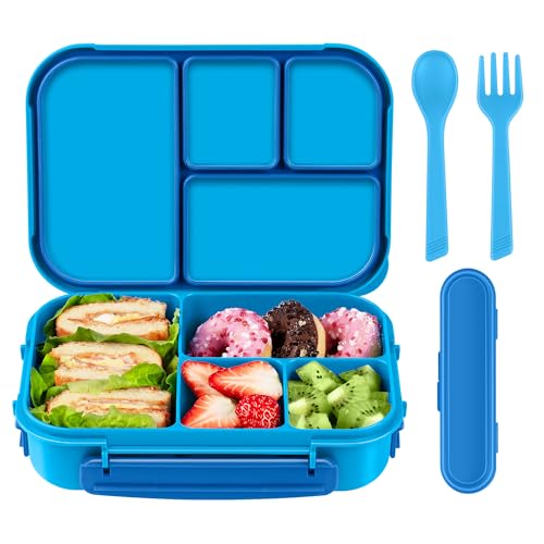 Amathley Brotdose Kinder Mit FäChern,Bento Box Kinder,Brotdose Erwachsene,1200ml Lunchbox Mit 4 FäChern Und Besteck,Mikrowellen Und SpüLmaschinenfest,BPA-Frei Und Wiederverwendbar (Blau) von Amathley