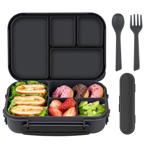 Amathley Brotdose Kinder Mit FäChern,Bento Box Kinder,Brotdose Erwachsene,1200ml Lunchbox Mit 4 FäChern Und Besteck,Mikrowellen Und SpüLmaschinenfest,BPA-Frei Und Wiederverwendbar (Dunkelgrau) von Amathley