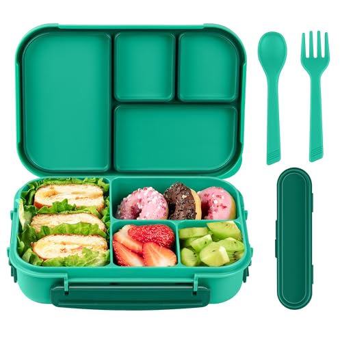 Amathley Brotdose Kinder Mit FäChern,Bento Box Kinder,Brotdose Erwachsene,1200ml Lunchbox Mit 4 FäChern Und Besteck,Mikrowellen Und SpüLmaschinenfest,BPA-Frei Und Wiederverwendbar (Grün) von Amathley