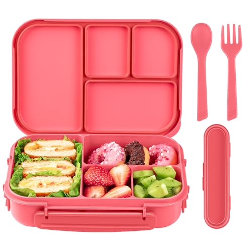 Amathley Brotdose Kinder Mit FäChern,Bento Box Kinder,Brotdose Erwachsene,1200ml Lunchbox Mit 4 FäChern Und Besteck,Mikrowellen Und SpüLmaschinenfest,BPA-Frei Und Wiederverwendbar (Rosa Beere) von Amathley