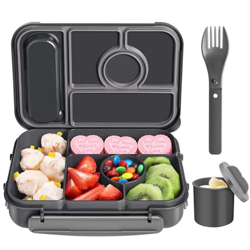 Amathley Brotdose Kinder mit Fächern,Bento Box Kinder,Brotdose Erwachsene,1300ML Lunchbox mit 5 Fächern und Saucenbehältern,Mikrowellen-und Spülmaschinenfest,BPA-Frei (Dunkelgrau) von Amathley