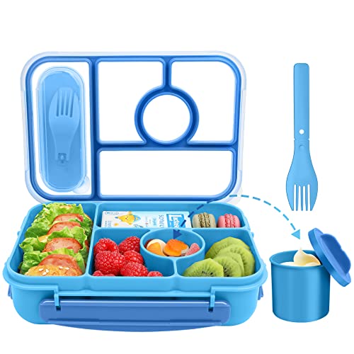 Amathley Brotdose Kinder mit Fächern,Bento Box Kinder,Brotdose Erwachsene,1300ML Lunchbox mit 5 Fächern und Saucenbehältern,Mikrowellen-und Spülmaschinenfest,BPA-frei und Wiederverwendbar (Blau) von Amathley