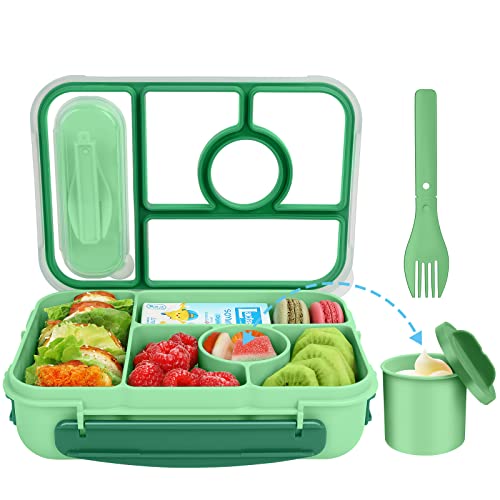 Amathley Brotdose Kinder mit Fächern,Bento Box Kinder,Brotdose Erwachsene,1300ML Lunchbox mit 5 Fächern und Saucenbehältern,Mikrowellen-und Spülmaschinenfest,BPA-frei und Wiederverwendbar (Grün) von Amathley