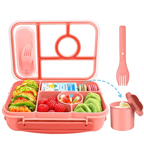 Amathley Brotdose Kinder mit Fächern,Bento Box Kinder,Brotdose Erwachsene,1300ML Lunchbox mit 5 Fächern und Saucenbehältern,Mikrowellen-und Spülmaschinenfest,BPA-frei und Wiederverwendbar (Rosa) von Amathley