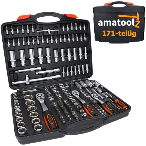 Amatoolz Ratschenkoffer 171 tlg I Werkzeugkoffer gefüllt I Ratschen Set groß I Ratschenkasten 1/2" 1/4" 3/8" Zoll I alle gängigen Bits und Nüsse enthalten von AmatoolZ