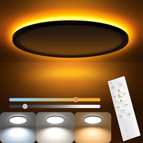AmazeFan LED Deckenleuchte Dimmbar - 24W 2400LM Deckenlampe mit Fernbedienung - 6W Nachtlicht Warm - LED Deckenleuchte Flach für Schlafzimmer Kinderzimmer Wohnzimmer-Rund (24W-29CM-Schwarz) von AmazeFan