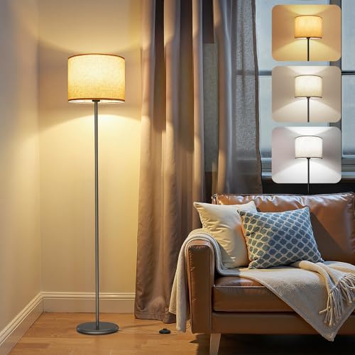 AmazeFun LED Stehlampe Dimmbar, 156cm Stehlampe Wohnzimmer mit Beigen Leinen-Lampenschirm & Fußschalter, Moderne Stehlampen mit E27 Birne 3 Farbtemperatur für Wohnzimmer Schlafzimmer Büro von AmazeFun
