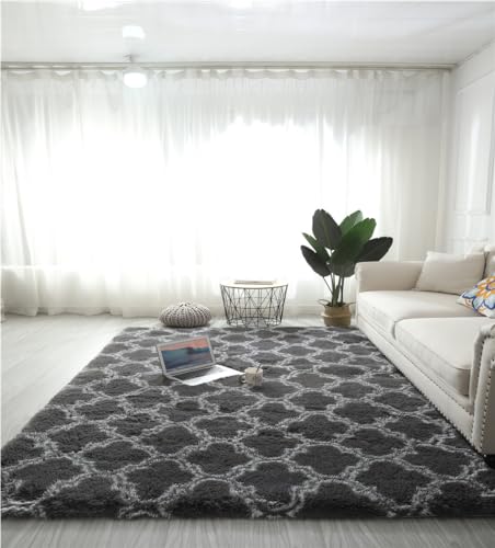 Amazinggirl Hochflor Teppich wohnzimmerteppich Langflor 100 x 160 cm - Teppiche für Wohnzimmer flauschig Shaggy Schlafzimmer Bettvorleger Outdoor Carpet Grau mit Muster von Amazinggirl