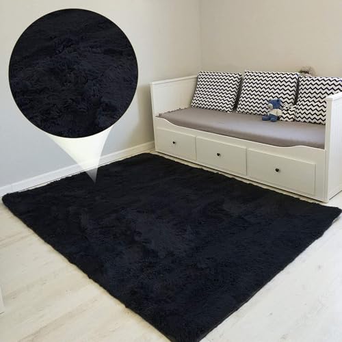 Amazinggirl Hochflor Teppich wohnzimmerteppich Langflor 120 x 160 cm - Teppiche für Wohnzimmer flauschig Shaggy Schlafzimmer Bettvorleger Outdoor Carpet Schwarz von Amazinggirl