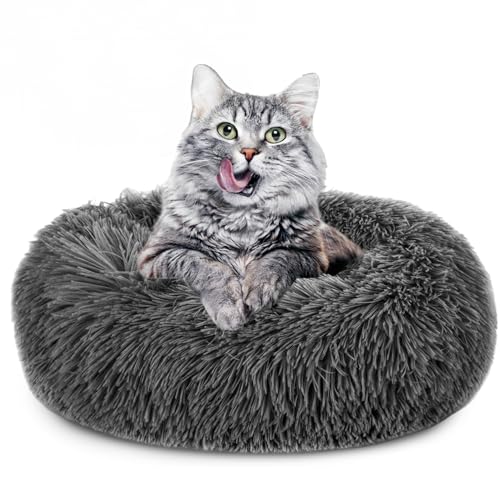 Amazinggirl Katzenbett flauschig ∅ 60 cm - Katzenkorb Katzenkissen Katzen Bett Katzenkörbchen Rund cat Bed Dunkelgrau von Amazinggirl